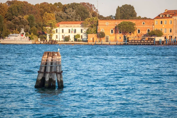 Pier Postes Madeira Apertados Juntos Por Correntes Enferrujadas Canal Veneza — Fotografia de Stock