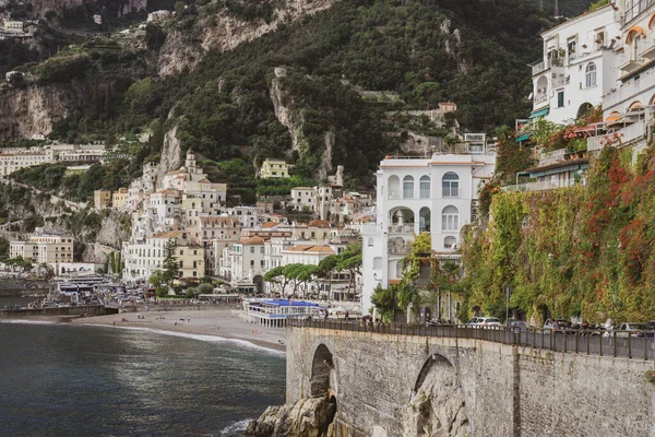 Amalfi cityscape on coast line of mediterranean sea, traveling in Italy