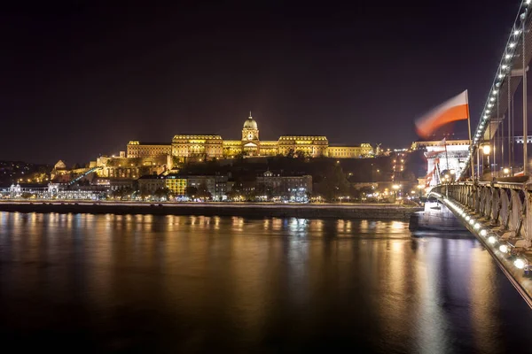 Budai Vár Királyi Palota Duna Partján Éjjel Megvilágítva Budapesten Utazás — Stock Fotó