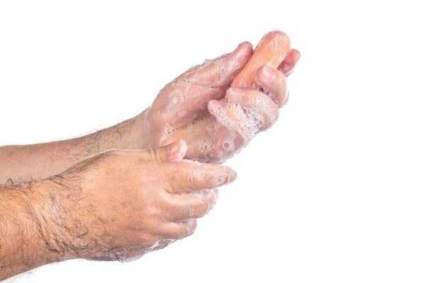 Homem Lavar Mãos Usando Sabão Sobre Fundo Branco Conceito Higiene — Fotografia de Stock