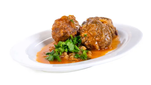 Deliziose Polpette Svedesi Con Abbondante Salsa Marrone Con Prezzemolo Sul — Foto Stock