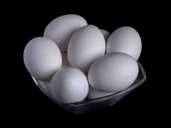Weiße Bio Hühnereier Einer Glasschüssel Auf Schwarzem Hintergrund Lebensmittel — Stockfoto