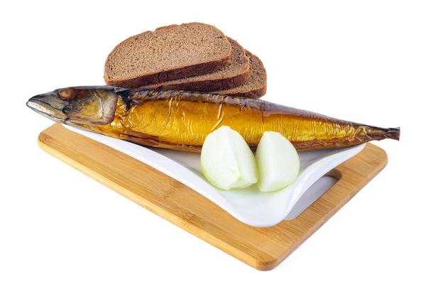 Ikan Makarel Asap Dengan Bawang Bombay Dan Roti Coklat Dengan — Stok Foto