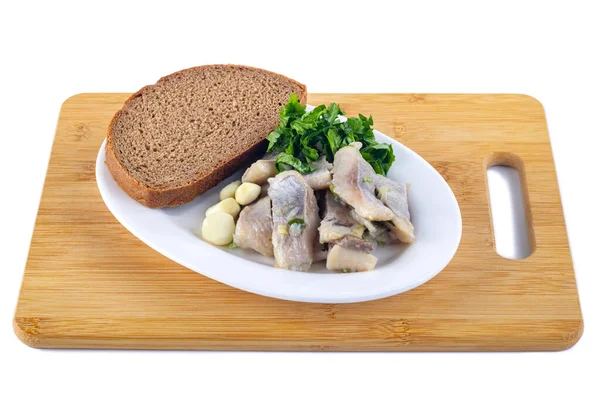 Ikan Haring Dengan Roti Coklat Bawang Bawang Putih Dan Peterseli — Stok Foto