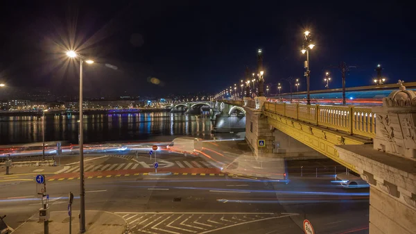 Uitzicht Margaret Bridge Nachts Verlicht Boedapest Hongarije Reizen — Stockfoto