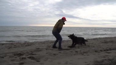 Alman çoban köpeği ve sahibi Karadeniz, Poti, Gürcistan kıyılarında yürürler.