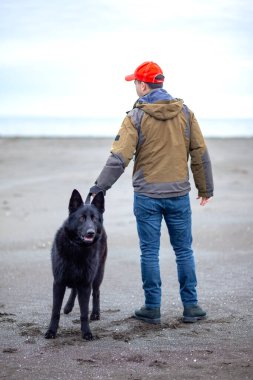 Alman çoban köpeği ve sahibi Karadeniz, Poti, Gürcistan kıyılarında yürürler.