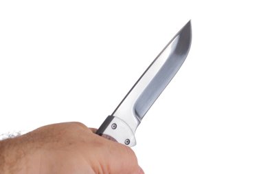 Beyaz arka planda izole edilmiş bir elde av bıçağı, tehlike