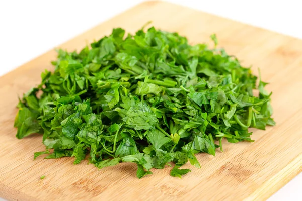 Chopped Parsley Leaf Wooden Board Isolated White Background Vegetable — Stock Photo, Image