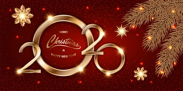 2010 년 9 월 30 일에 확인 함 . Merry Chistmas and happy New Year 2020 shining luxury Xmas red background with gold text, confetti, fir branch and gluter stars, sparky dust, tinsel. 배너, 벡터 일러스트를 위해 흉내내 세요. 벡터 그래픽