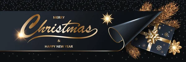 Frohe Weihnachten und ein frohes neues Jahr 2020 glänzende Weihnachten Luxus schwarz glitzern Hintergrund mit goldenem Text, Konfetti, Tanne, Geschenkbox mit goldenem Band und Schleife, Vektorillustration. Stockvektor