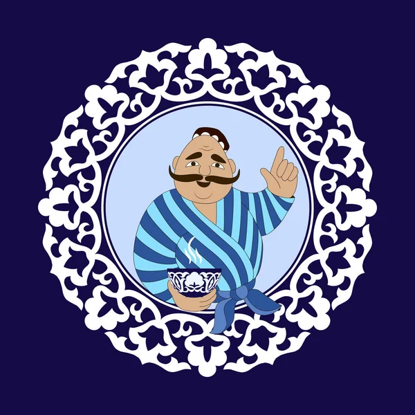 Uzbecký kuchař zve do kavárny na čaj, národní Uzbekistán ornament, šablona pro banner, reklamní maketa, vektorové ilustrace. — Stockový vektor