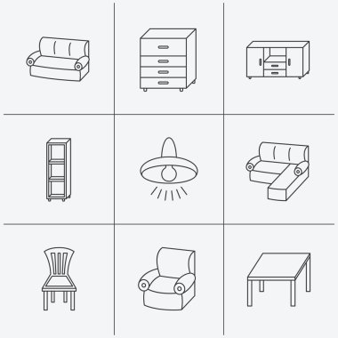 Köşe kanepe, masa ve koltuk simgeler.