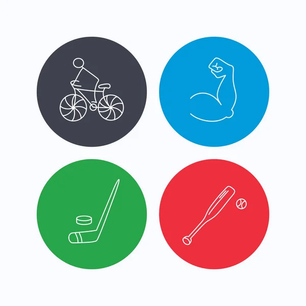 Bicicleta, bíceps e iconos del hockey sobre hielo . — Vector de stock