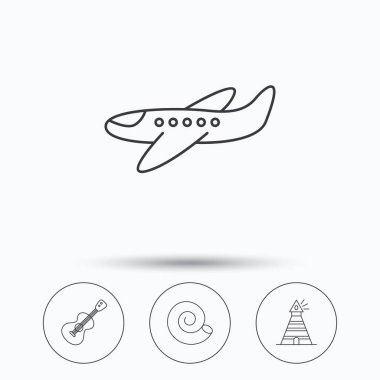 Gitar, uçak ve deniz feneri simgeleri.