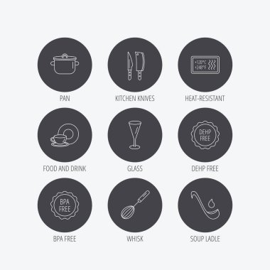 Mutfak bıçakları, cam ve pan simgeleri.