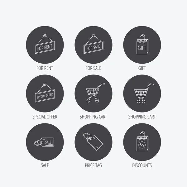 Shopping cart, gift bag and sale coupon icons. — Stock Vector