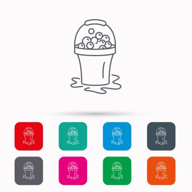 Sabunlu temizlik simgesi. Köpük ve kabarcık ile kova.