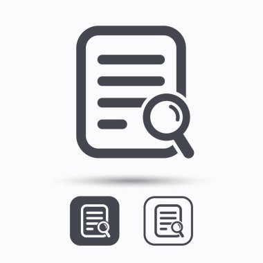 Dosya arama simgesi. Büyüteç ile belge sayfası.