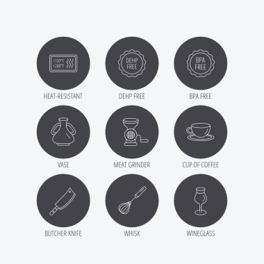 Kahve fincanı, kasap bıçağı ve bardağı simgeler.