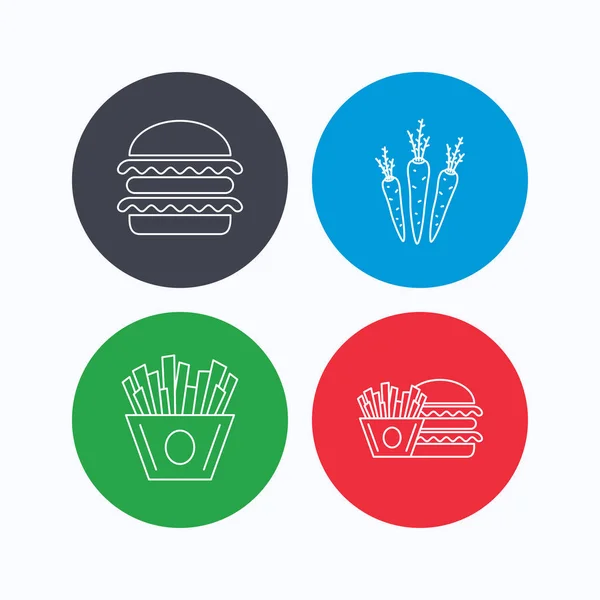 Hamburger, a sárgarépa és a chipek ikonok. — Stock Vector