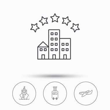 Otel, cruise gemi ve uçak simgeleri.