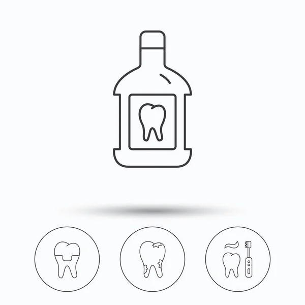 Caries, corona dental e iconos de enjuague bucal . — Archivo Imágenes Vectoriales