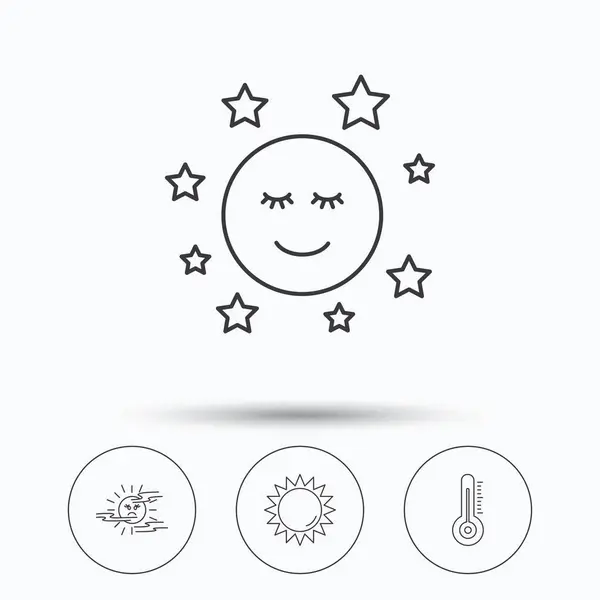 Termómetro, sol e iconos de niebla. Noche de luna . — Vector de stock