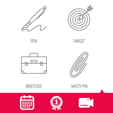 Evrak çantası, çengelli iğne ve hedef simgeler.