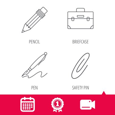Evrak çantası, kalem ve çengelli iğne simgeleri.