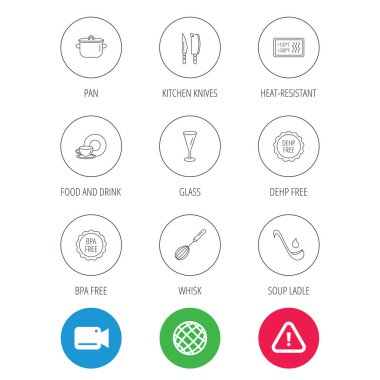Mutfak bıçakları, cam ve pan simgeleri.