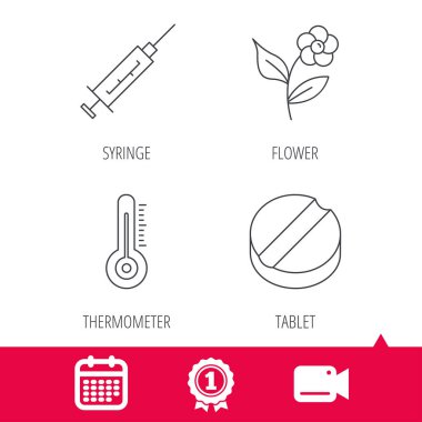 Termometre, şırınga ve tablet simgeleri.