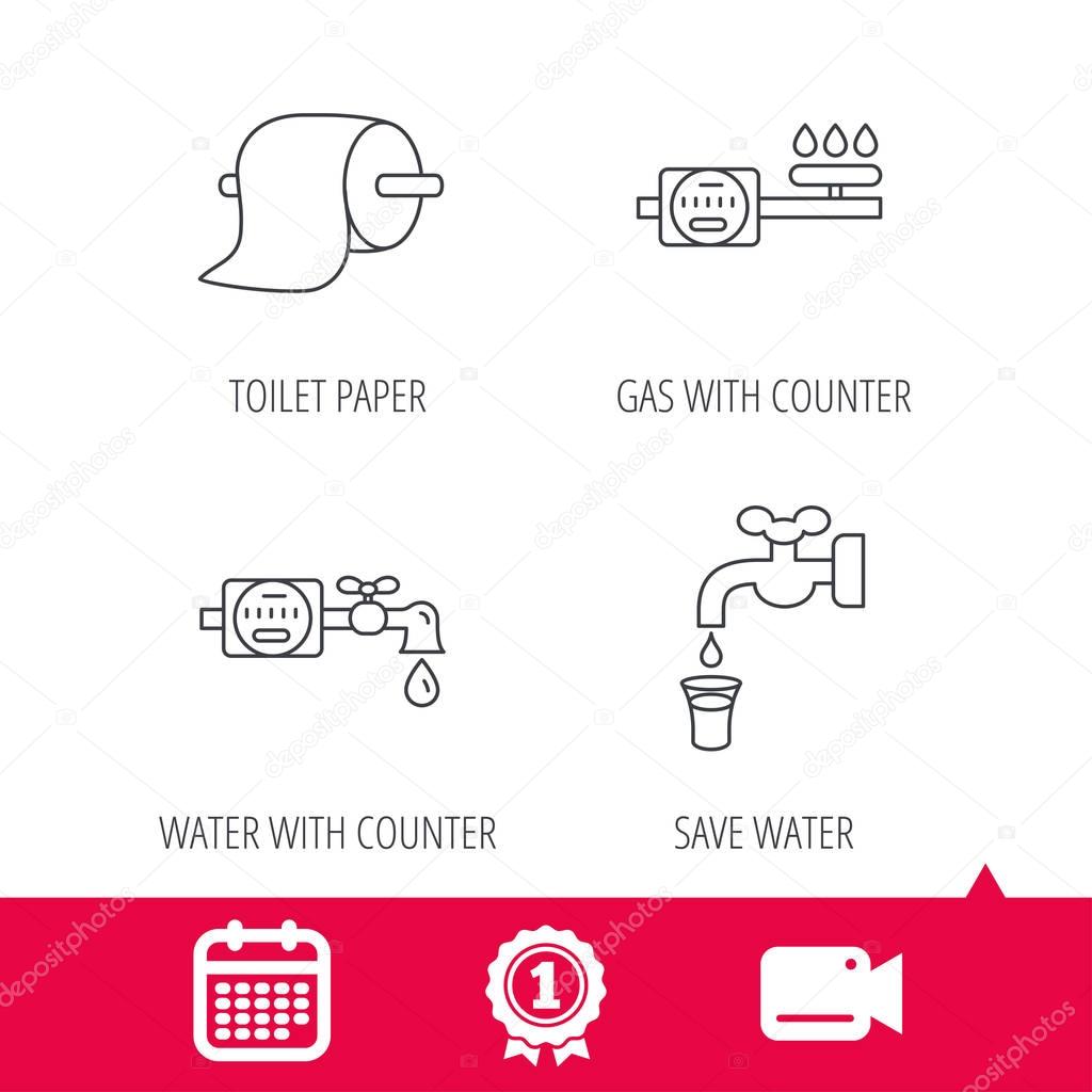 Achievement and video cam signs. Toilet paper, gas and water counter icons. Save water linear sign. Calendar icon. Vector
