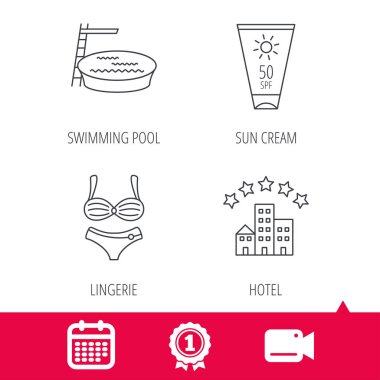 Otel, Yüzme Havuzu ve güneş kremi simgeler.