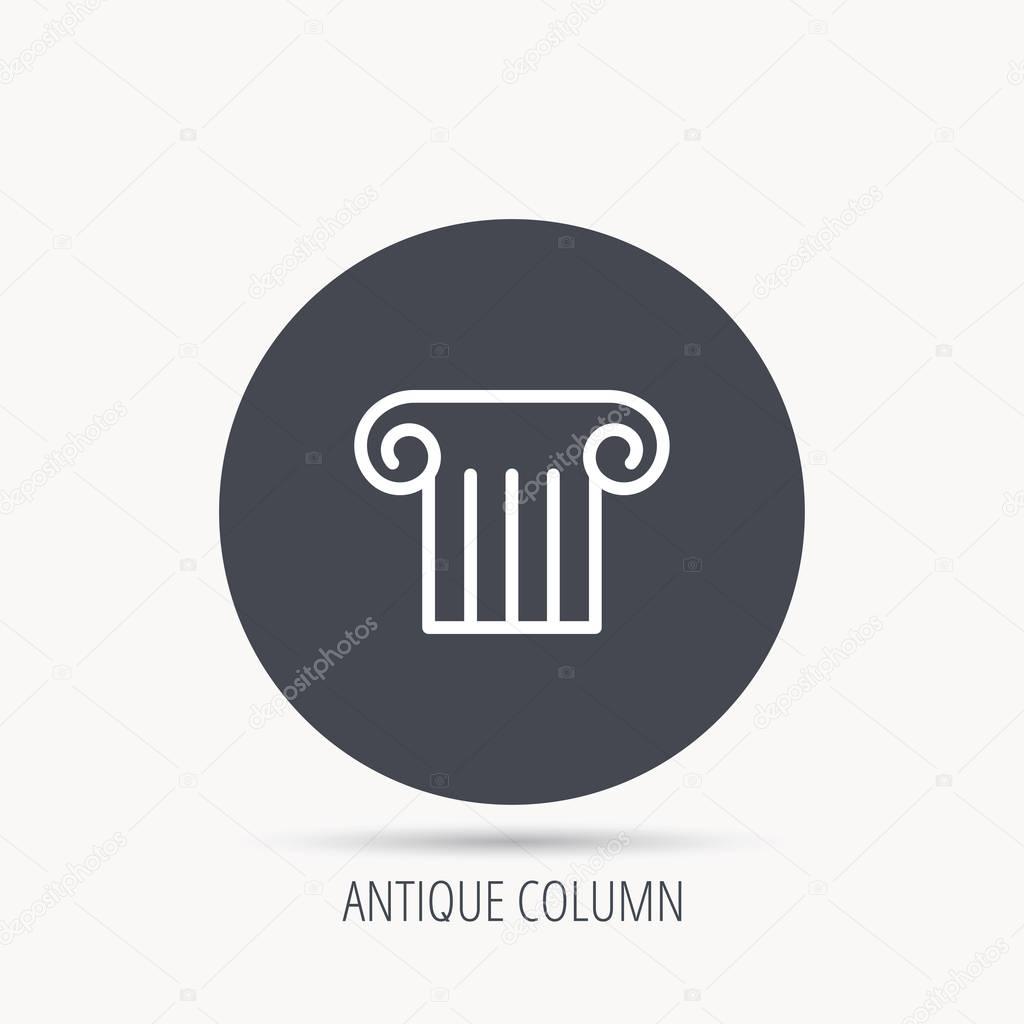 Antique column icon. Ancient museum sign. Architectural pillar symbol. Round web button with flat icon. Vector