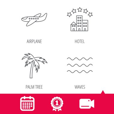 Uçak, dalgalar ve palmiye ağacı simgeleri.