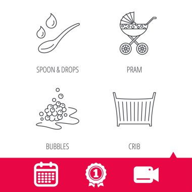 Çocuk arabası taşıma, kaşık ve damla simgeler.