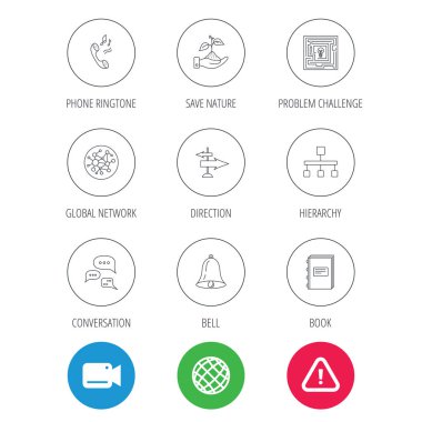 Konuşma, küresel ağ ve yön simgesi.