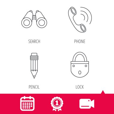 Telefon görüşmesi, kalem ve arama simgeleri.
