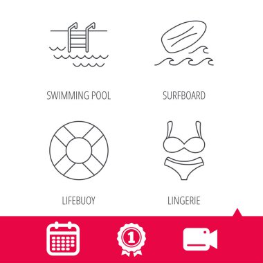 Sörf tahtası, Yüzme Havuzu ve bikini simgeler.