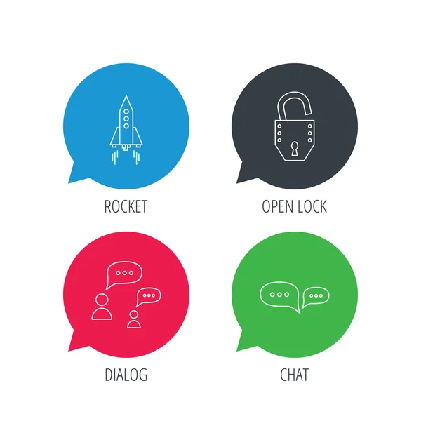 Rocket, chat speech bubble and open lock icons. — Stock Vector