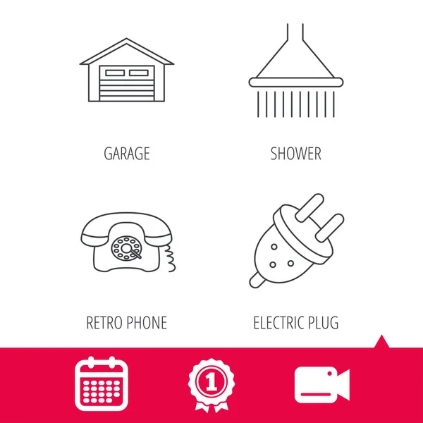 Teléfono retro, garaje e iconos de enchufe eléctrico . — Archivo Imágenes Vectoriales