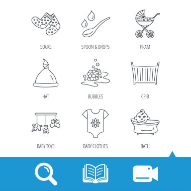 Bebek giysileri, banyo ve şapka simgeler. Çocuk arabası taşıma.