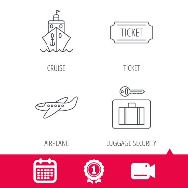 Bilet, cruise gemi ve uçak simgeleri.