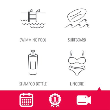 Sörf tahtası, Yüzme Havuzu ve iç çamaşırı simgeler.