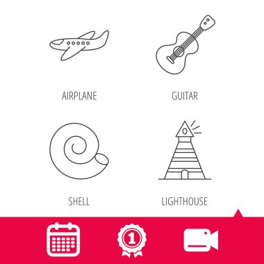 Gitar, uçak ve deniz feneri simgeleri.