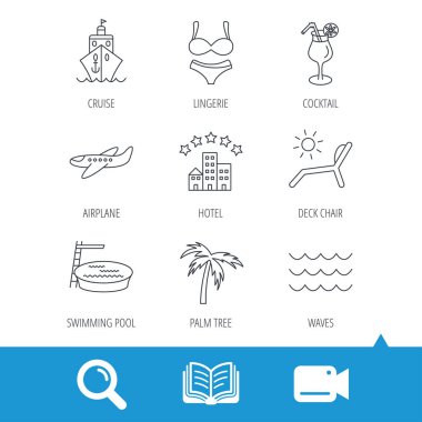Cruise, dalgalar ve kokteyl simgeler. Otel işareti.