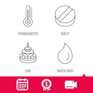 Termometre, su damla ve tablet simgeler.