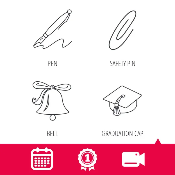Graduation cap, pen and bell icons. — Stock Vector
