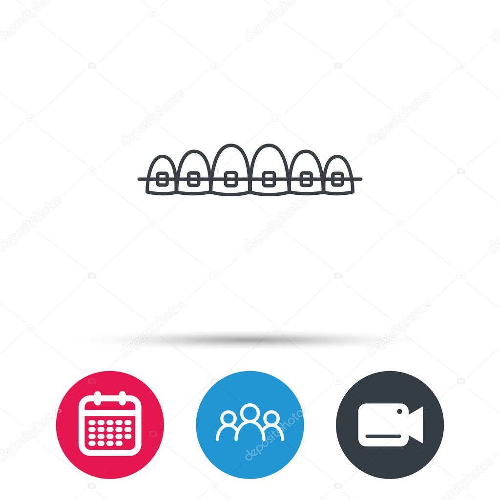 Dental braces icon. Teeth healthcare sign. Orthodontic symbol. Group of people, video cam and calendar icons. Vector